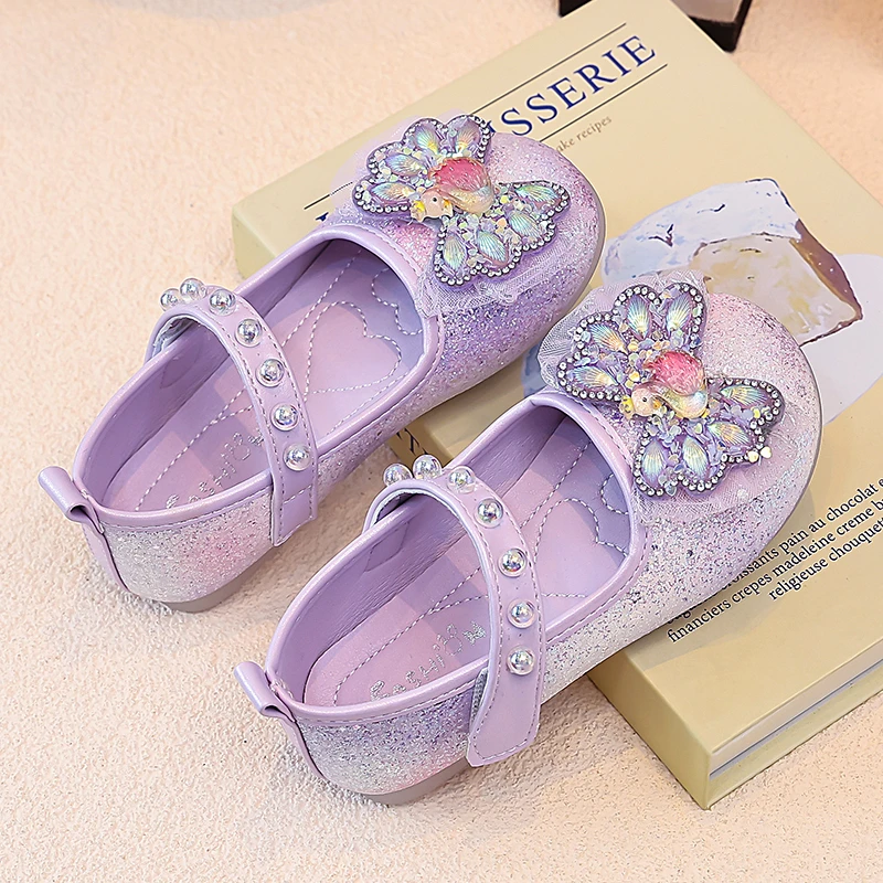 Girls Mary Jane Princess Flats, Toddler Glitter Gradient Dress Shoes Rhinestone Butterfly, Sparkly Party Wedding Shoes Girls
