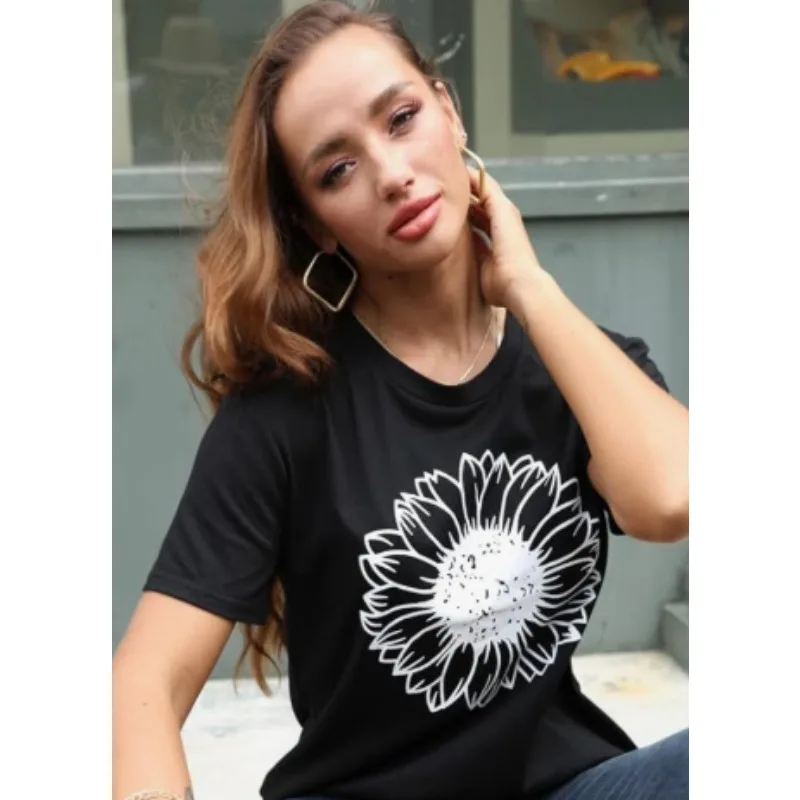 Sommer-Sonnenblumen-T-Shirt für Damen, niedliche Blumengrafik, lockere T-Shirts, Rundhalsausschnitt, kurze Ärmel, lässige Oberteile