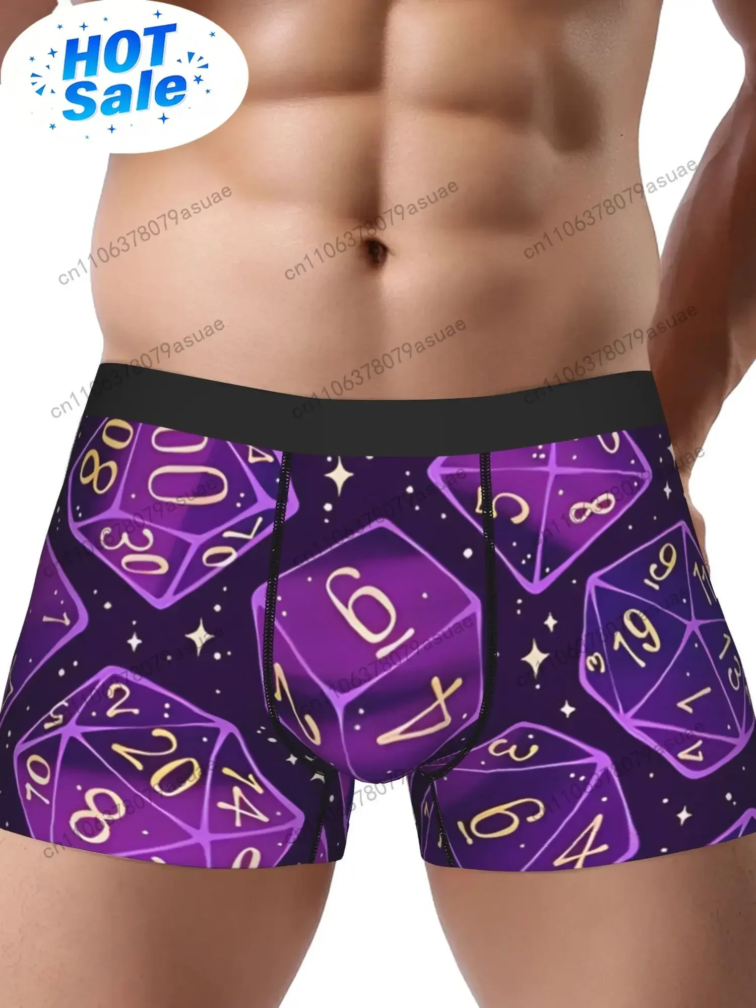 1pc Men's D&D Inspired Dice Print Boxer Briefs - Purple & Black Gaming Underwear with 20-Sided d20 Design, Breathable Comfort Fi