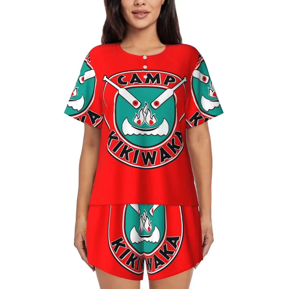 

Camp Kikiwaka - Bunk'd - Red Background Round Neck Short Sleeve Nightgowns for Sleepshirts Women Soft Pajama Set Short Pants