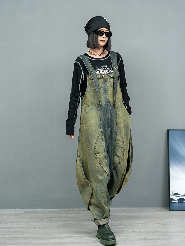 2025 Personality Irregular Distressed Washed Oversized Denim Wide-leg Overalls Women's Spring High-waisted Streetwear Jumpsuit