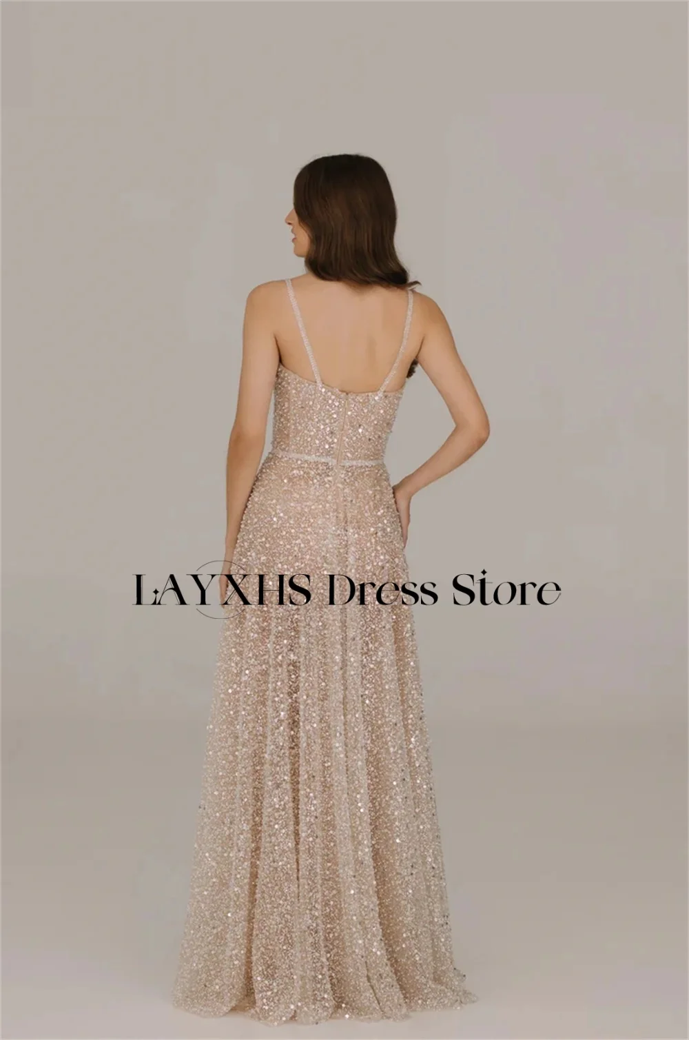 LAYXHS Moda Spalline Abiti da sera Paillettes Pizzo A-Line Piega Abiti da ballo Abiti personalizzati de soirée