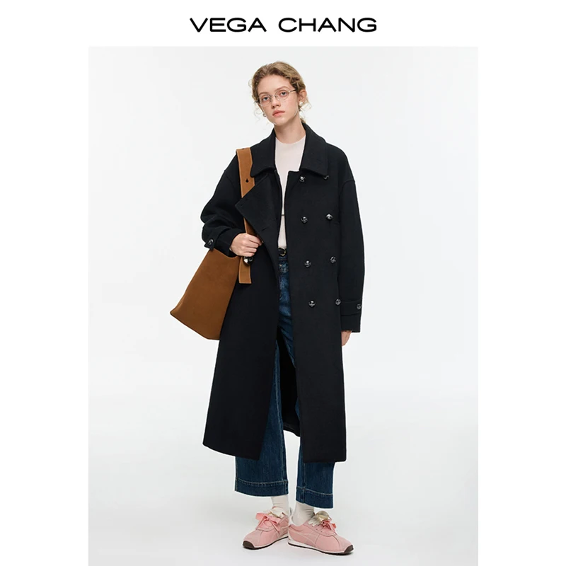 

Vega Chang New Winter Long Korean-Style Hepburn Retro Double-Breasted Coat