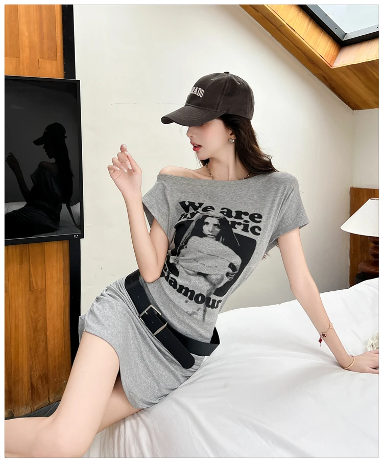 2025 Summer Korean Fashion High Street T-shirt Dress New Women Printed Diagonal Collar Pleated Mini Dress Sexy Casual Streetwear