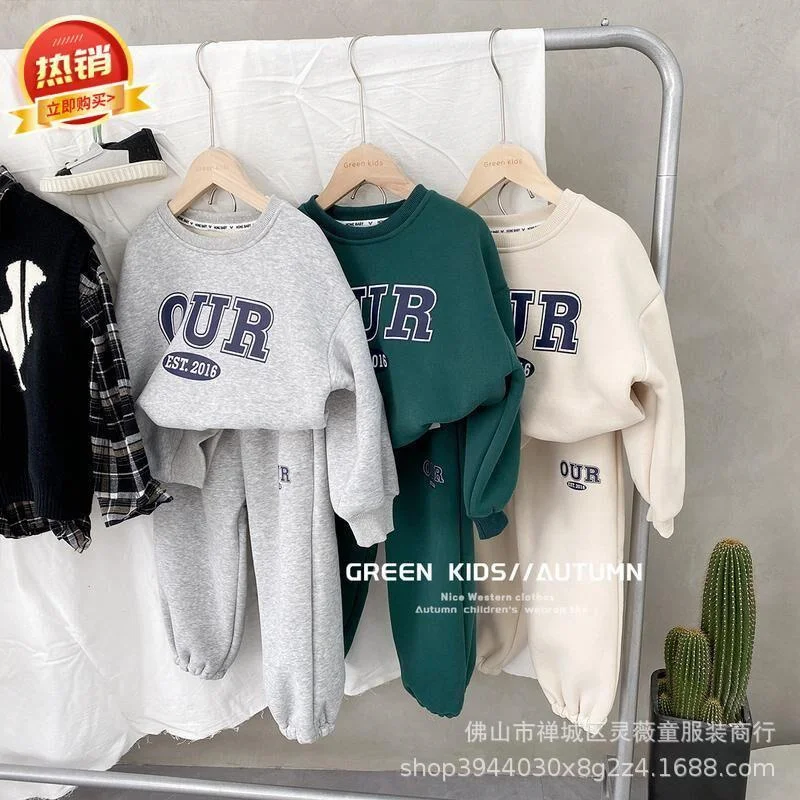 Kids Fleece Lined Sets Autumn Boys Girls Thick Warm Suits Baby Sweatshirts+Sweatpants 2Pcs Winter Children Clothes Outfits 2-8 Y
