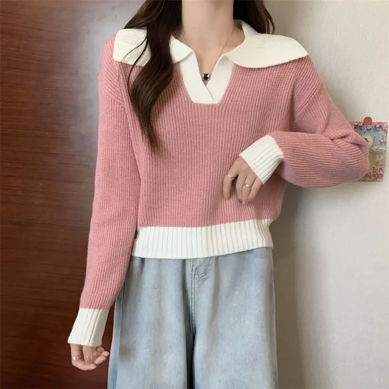 Contrasting Colors Polo-Neck Knitwear Women Autumn Winter Loose Red Long Sleeve Sweater Casual All-match Trend Knitting Tops