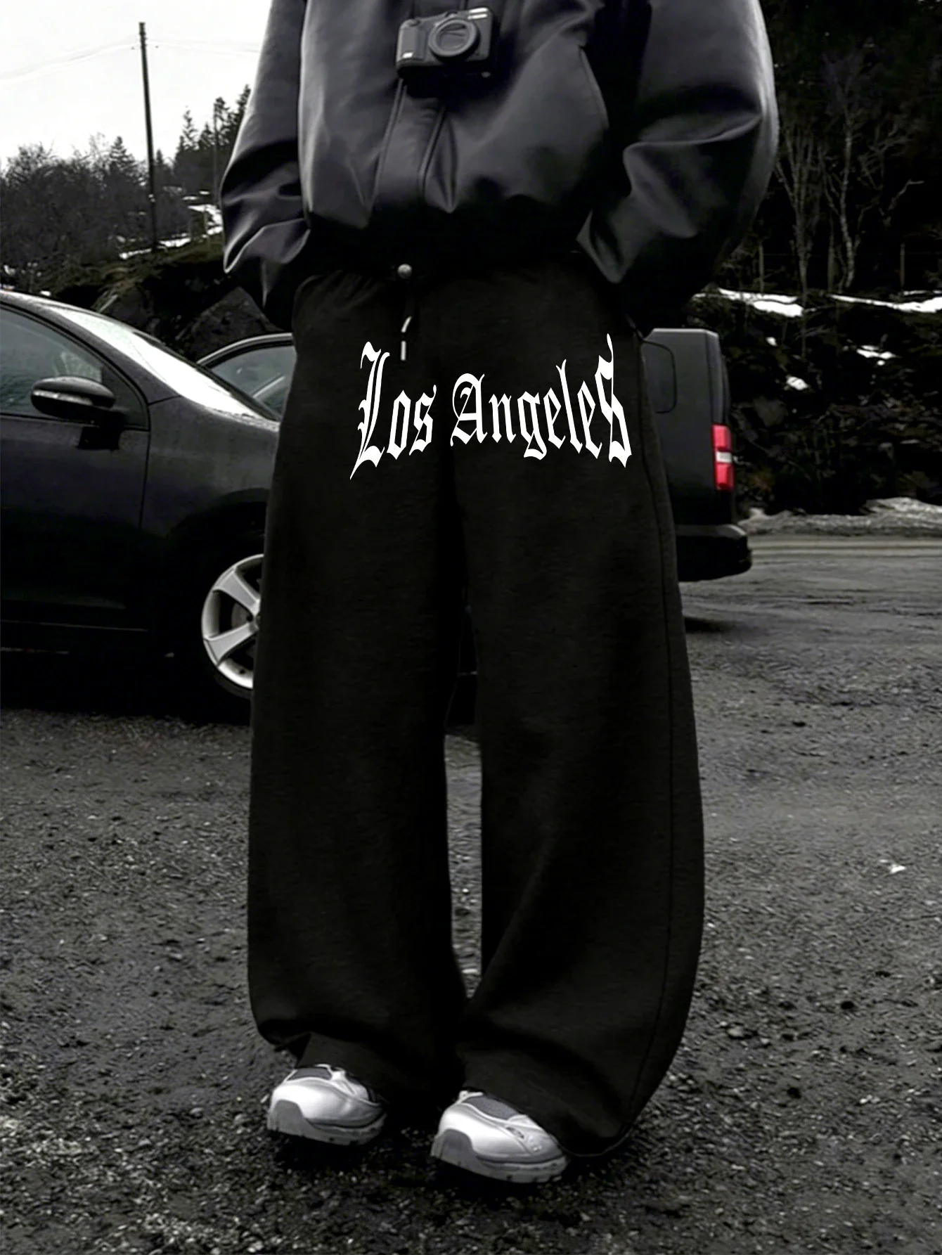 Men's Los Angeles Gothic 2D Print Wide-Leg Sweatpants, Baggy Y2K Drawstring Jogger Pants, Polyester, Sizes S-3XL