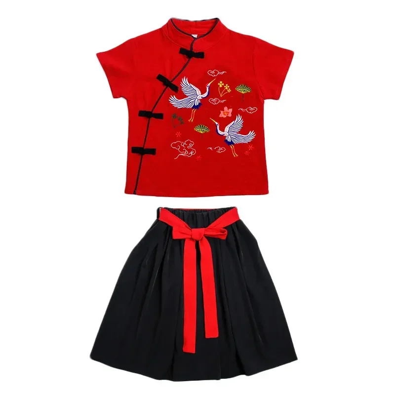 2Pcs Traditional Chinese New Year Costumes Clothes for Kids Spring Festival Tang Suit Girl Boy Sets Short Sleeve Top Pants Skirt