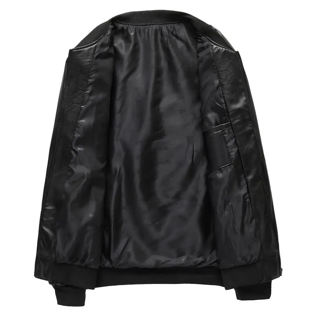 Soft Warm Men Jacket Regular Fit Men Jacket Stylish Men\'s Faux Leather Jacket Warm Stand Collar Zipper Pockets for Autumn