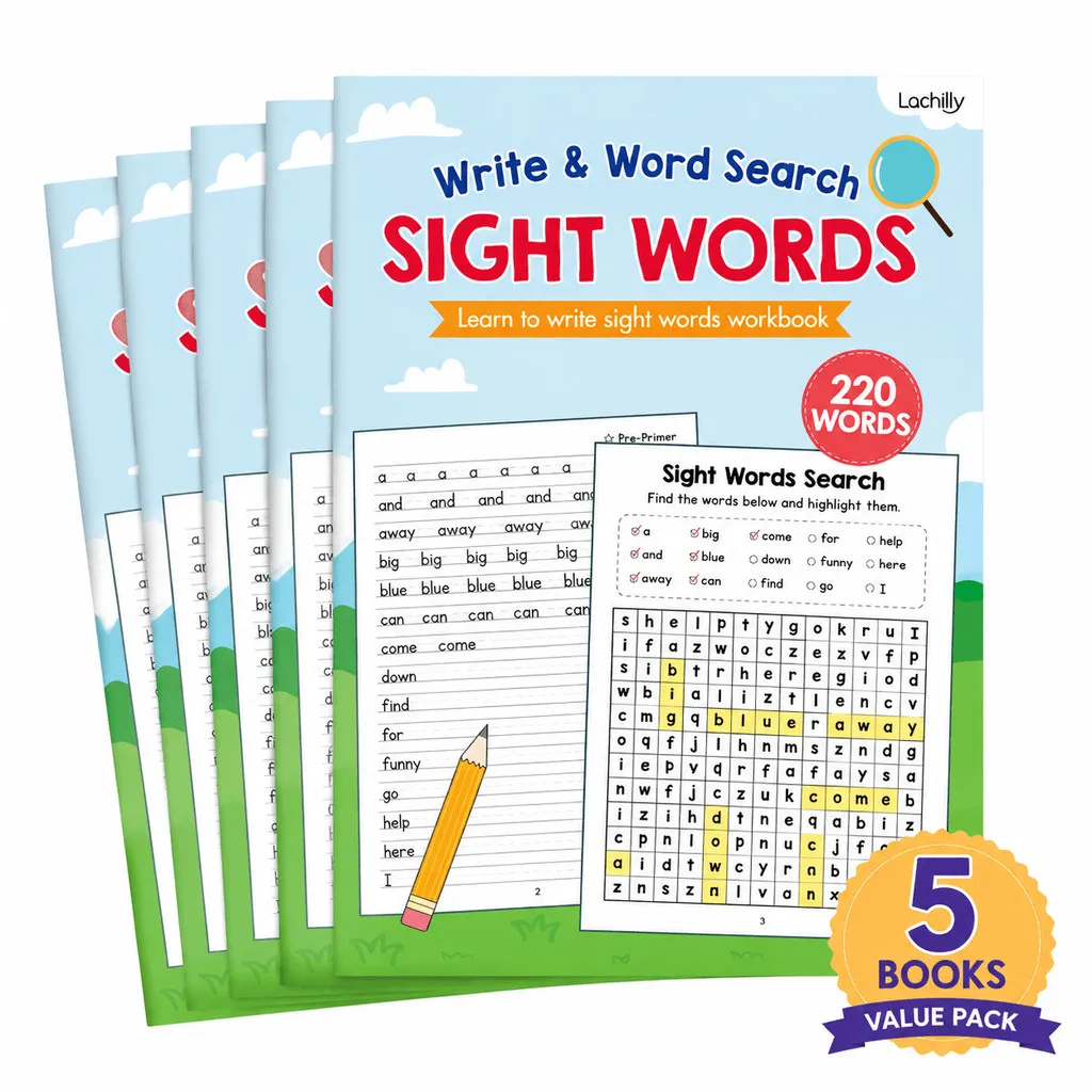 5 Books Value Pack - 220 Sight Words Workbook for Kids Words Search High Frequency Vocabulary Spelling English Practice Books