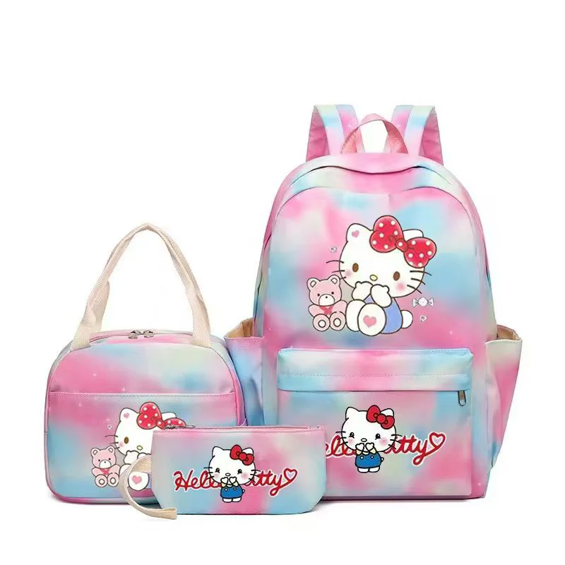 3 pçs/set olá kitty impressão estudante menino menina mochila colorida com saco de almoço crianças adolescente dos desenhos animados escola bookba