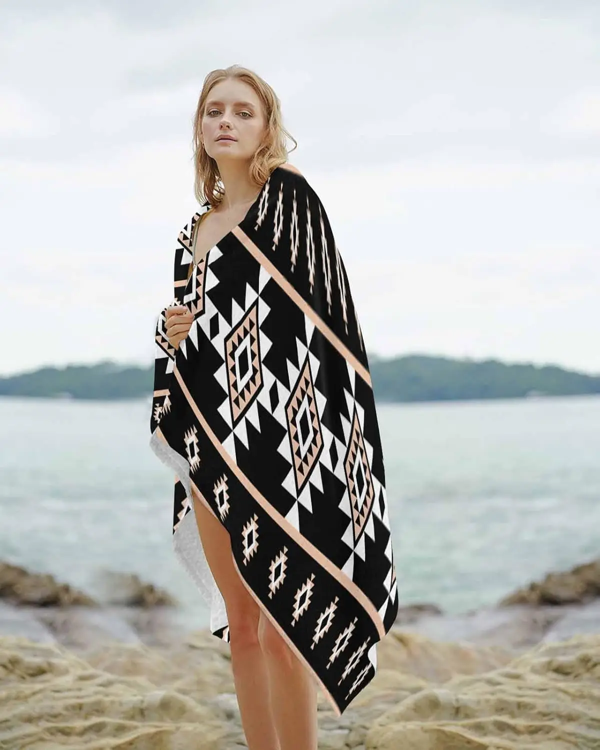 Beach Towel Black Aztec Bath Pool Towels Western Tribal Pattern Soft Absorbent Beach Towel Lightweight Large Quick Swim Towels