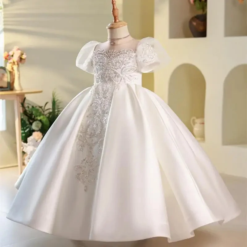 Flower Girl Dresses for Piano Performance Birthday for Wedding Kids Luxurious Plain Ball Gowns Teens Princess White Dress