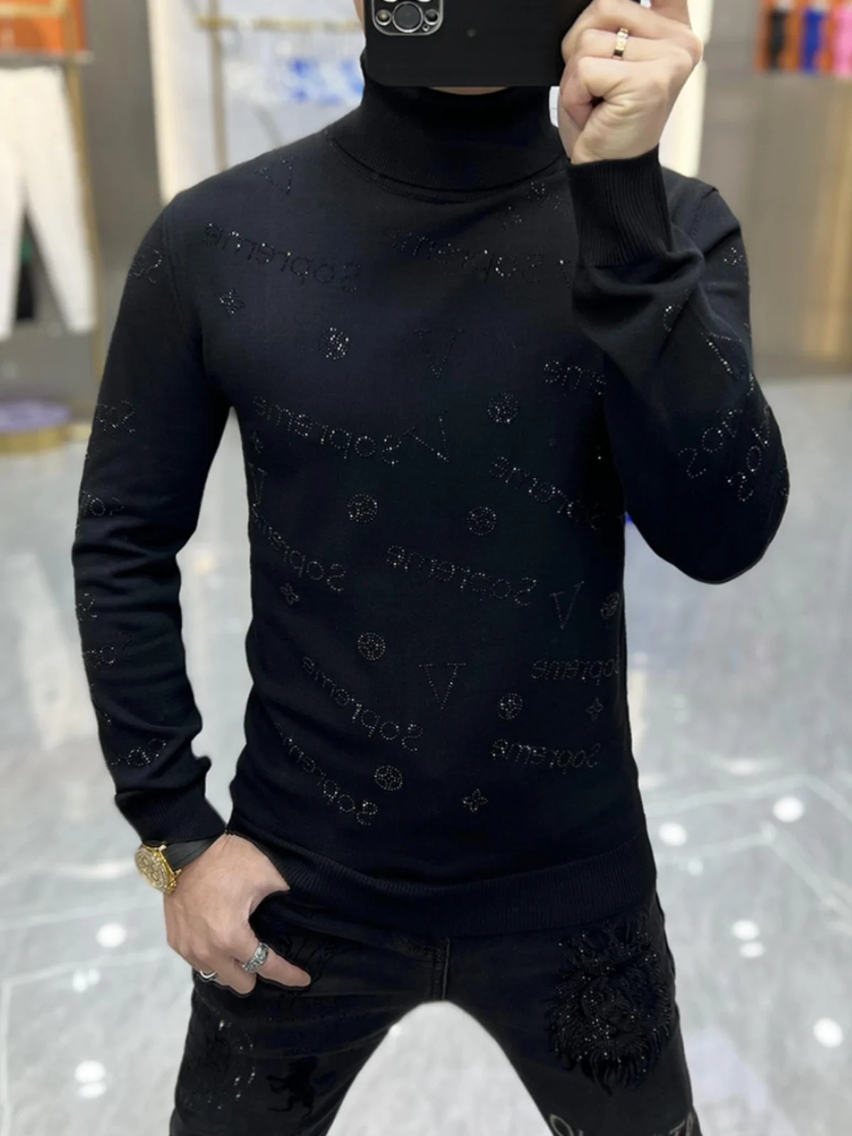 

Мужской вязаный свитер с высоким воротником, зимний, утепленный, приталенный, с круглым вырезом, с ромбовидными вставками, повседневный, с длинными рукавами