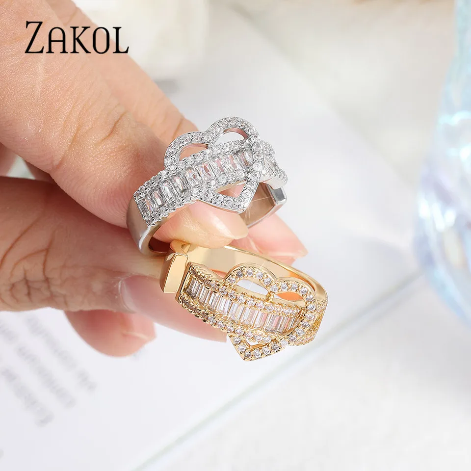 ZAKOL Exquisite Shiny Full Zircon Heart Rings For Women Fashion Open Finger Ring Engagement Wedding Party Jewelry