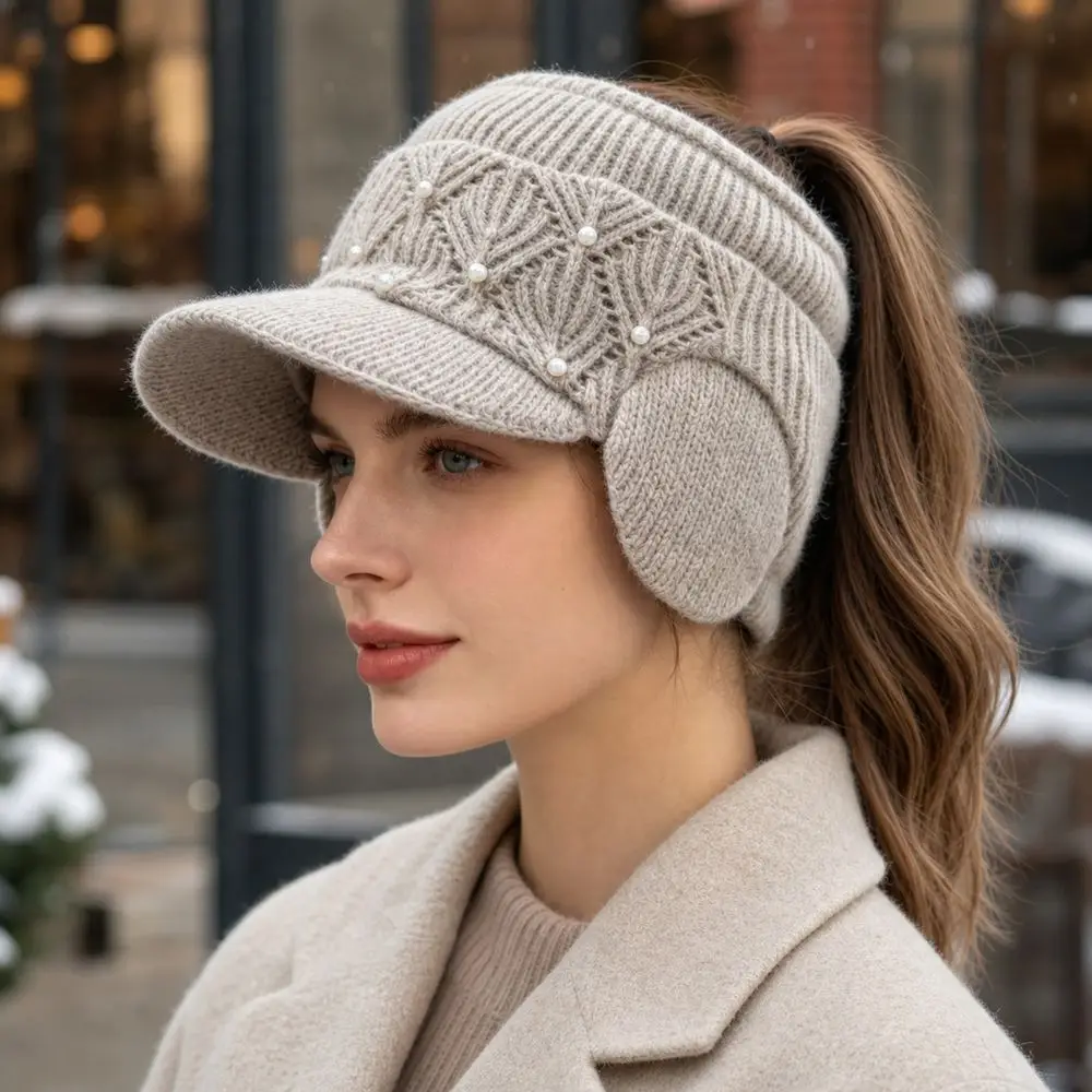 Comfortable Knitted Open-top Baseball Cap Pearl Solid Color Ear Protection Hat Anti-freezing Winter Warm Hat Women Beanie Hat