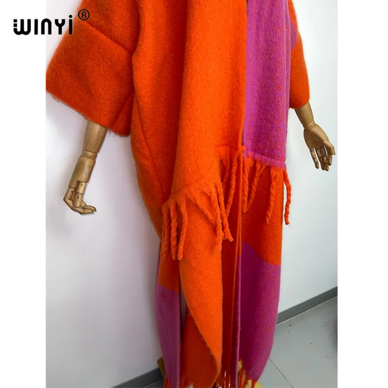 WINYI new Africa Winter Women tassel Cardigan coat Loose Christmas dress robe longue Thick Warm free size orange printing Kaftan