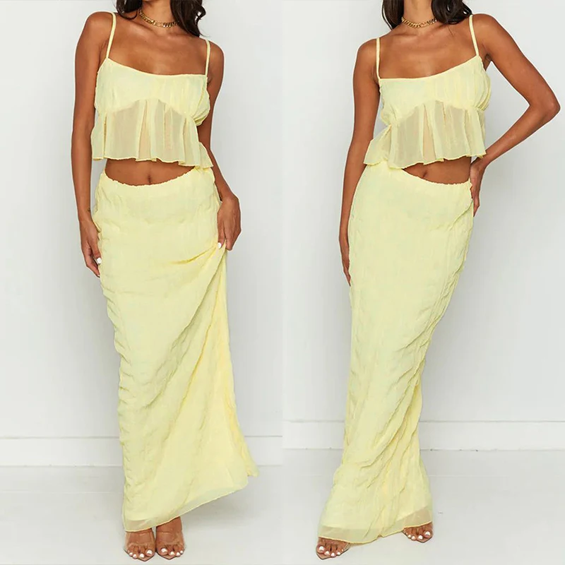 

Beach Pleated Sleeveless Strap Cropped Top Summer Vacation Party Maxi Dress Fishtail Holiday Solid Color Patchwork 2 Pcs Set