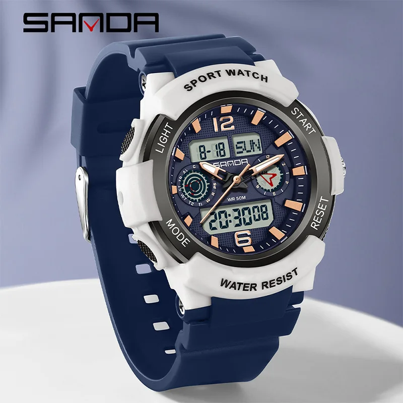 SANDA Fashion Casual Sports Men Ms Double Display Electron Wristwatch Waterproof LED Digital Boys Girls Quartz Chronograph Clock