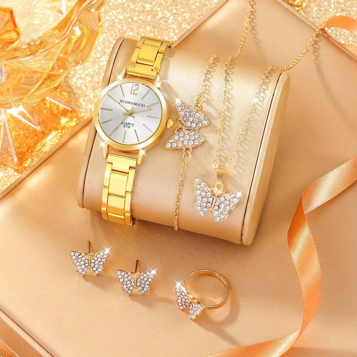 6Pcs Ladies Fashion Simple Designer Star Digital Rhinestone Steel Band Quartz Watch Full Diamond Butterfly Love Jewelry Set