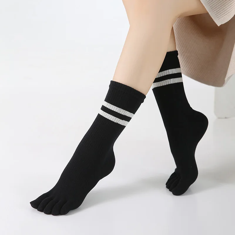 

5 Pairs Bright Color Woman Striped Five Finger Socks Cotton Long Tube Sweat-absorbing Pressure Slimming Split Toe Sports Socks