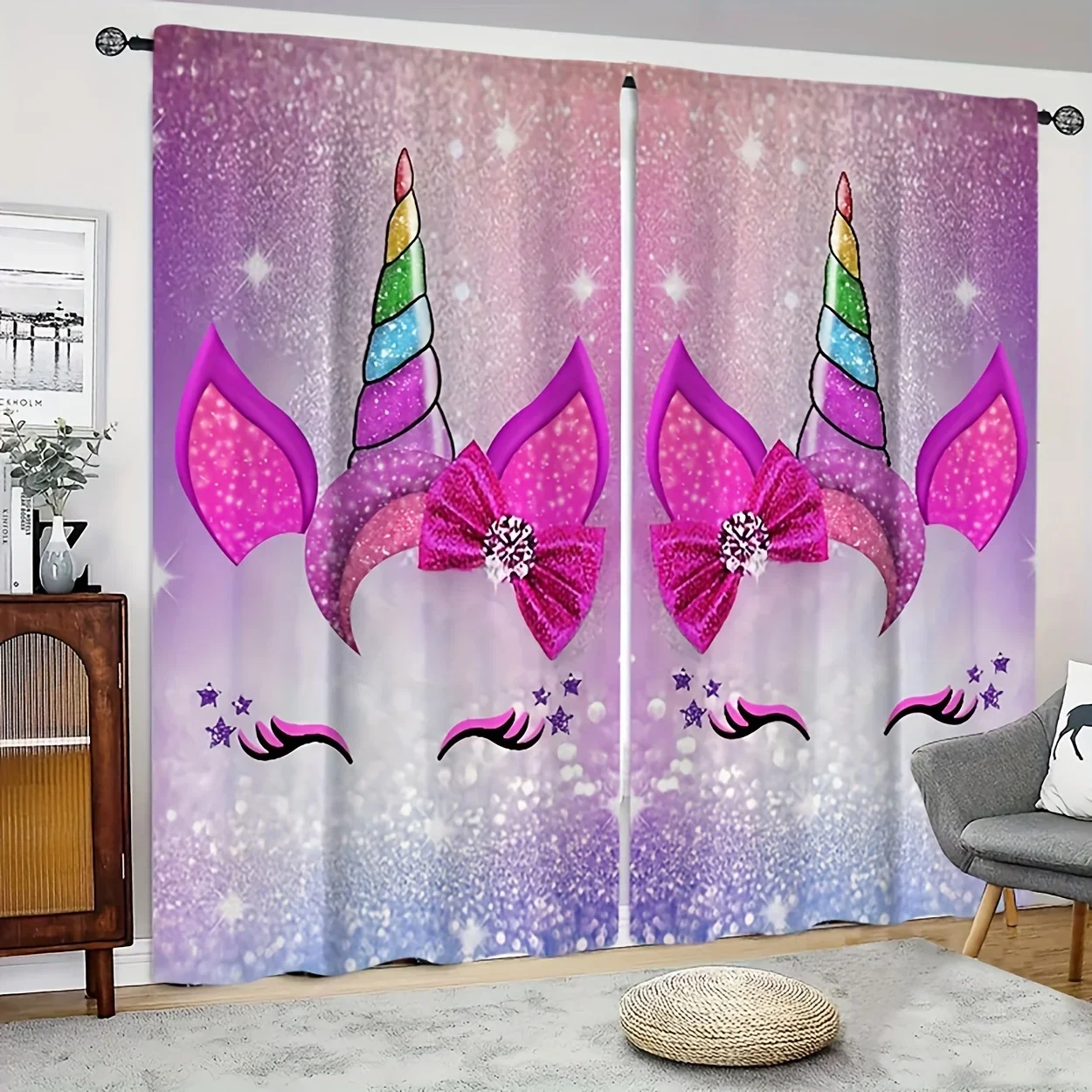 magical unicorn face curtain with rainbow horn and sparkling stars design for kids room privacy and decor dreamy fantasy style