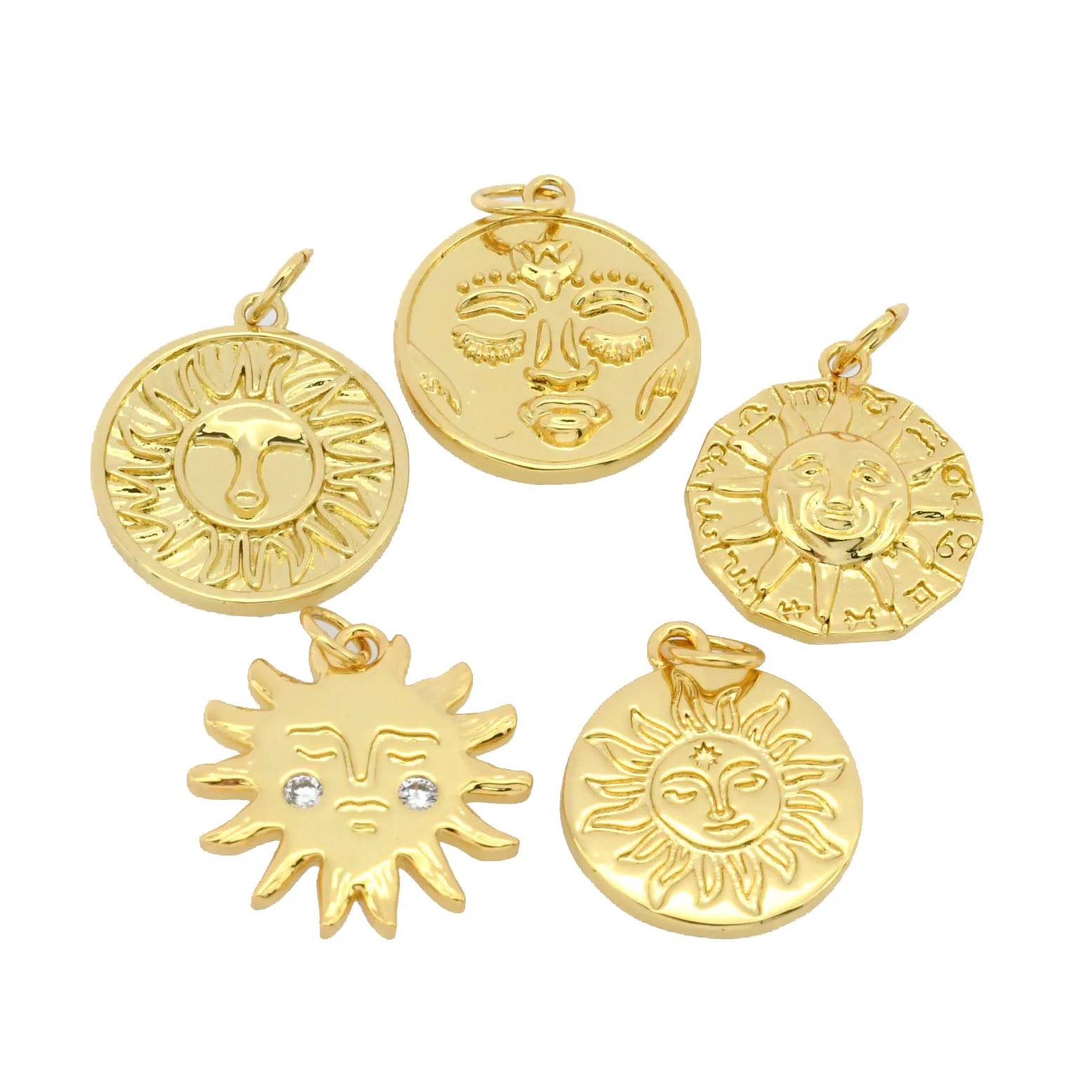 Nickel Free Water Proof Gold Plated Copper CZ Setting Sun Flower Faces Pendant Charms for Jewelry Making