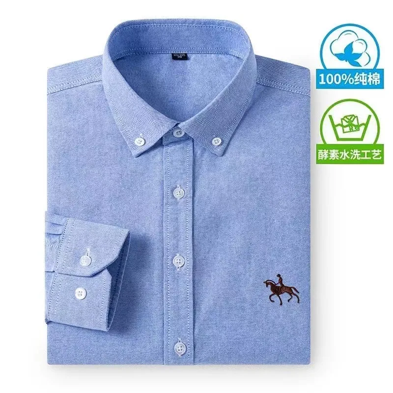 100% Pure Cotton Oxford Shirt For Men's Long Sleeve Solid Casual Business Regular-Fit Formal Dress Shirts Social Blouse S-6XL