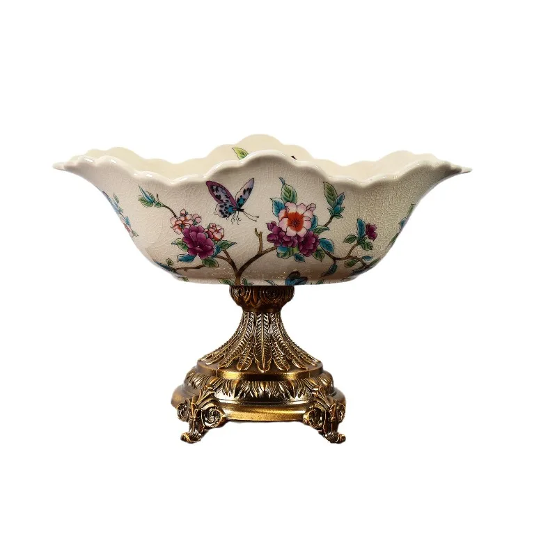 American ceramic household light luxury fruit plate tray living room European retro high-footed fruit plate high-end high-value