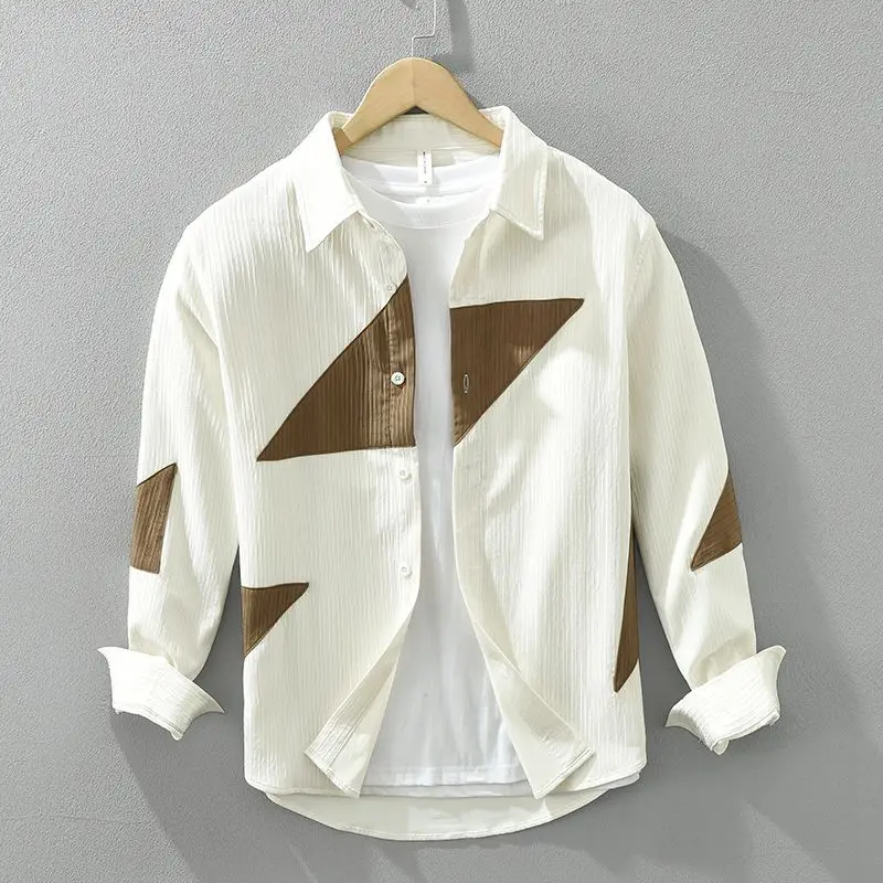 New Spring Autumn Japanese Contrasting Color Spliced Long-sleeved Shirt for Men Casual and Versatile Trendy Brand Shirt for Men