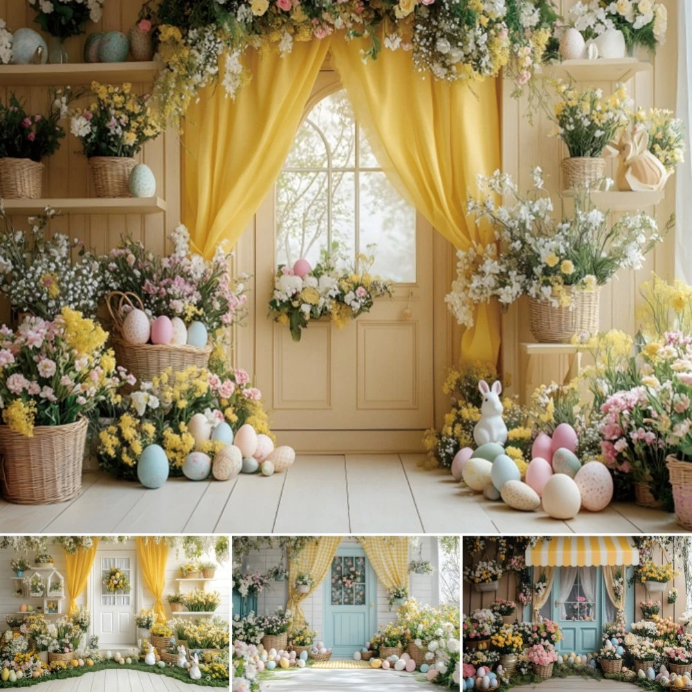 

Easter Backdrop Photography Spring Yellow Curtains Blue Wall Wooden Door Rabbit Egg Flowers Bunny Kids Portrait Photo Background
