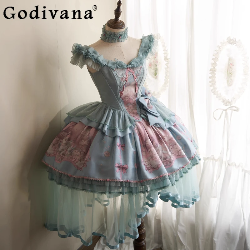 

Original Retro Elegant Lolita Dress Womens Slim Fit Print Sweet Bow Top and Skirt Set Two-piece Set Court Style Vintage Dress