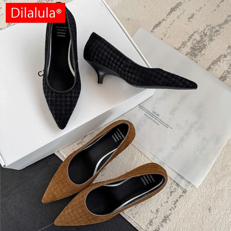 

Dilalula 2026 New Cow Suede women's Heels Pointy Toe Shallow Office Lady Thin Heels Pumps Female Comfort Leather Career Shoes