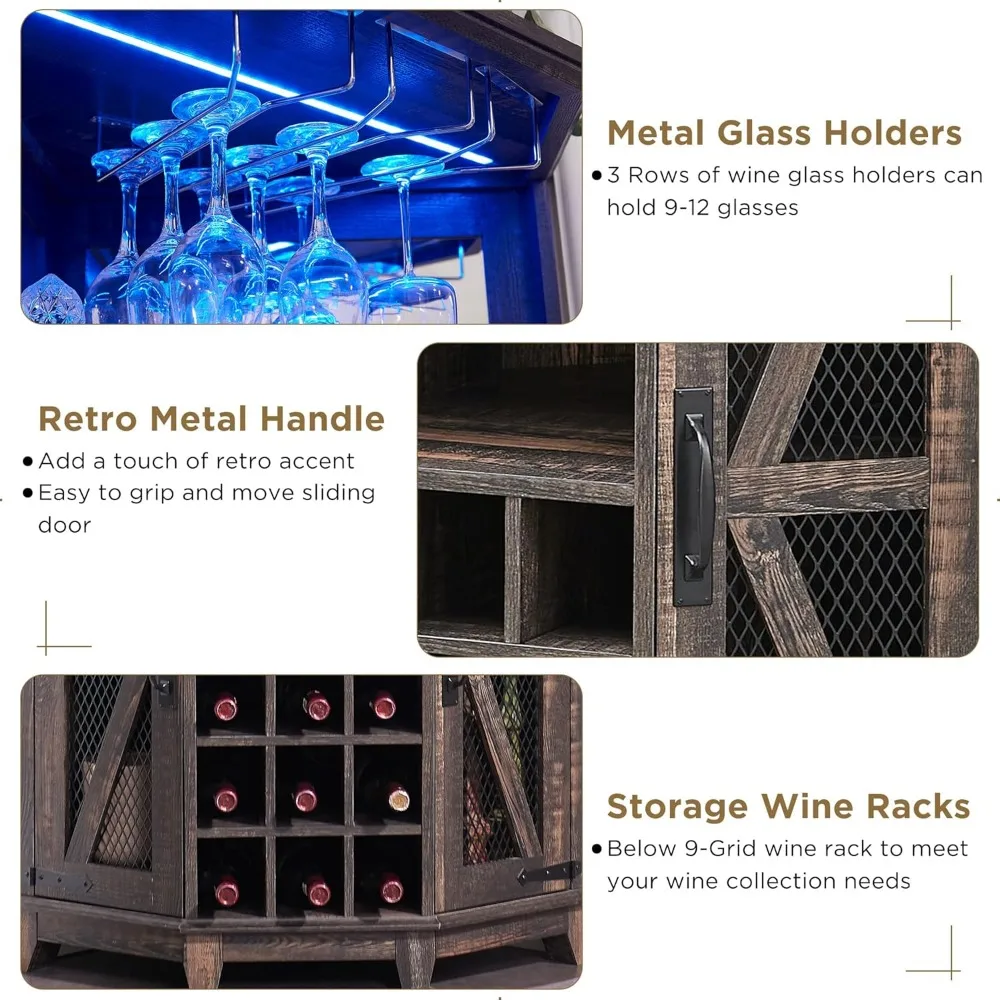 72 hoher Weinschrank im Bauernhausstil mit Scheunentür, verstellbaren Regalen und LED-Beleuchtung