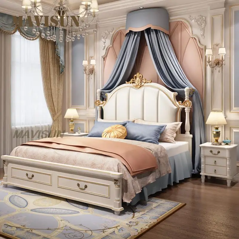 European Style Princess Double Bed Modern Master Bedroom Bed Solid Wood Leather Furniture Set King Size Bed For Villa