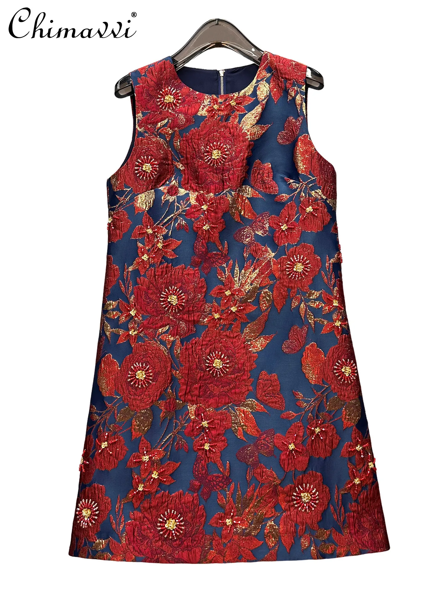 

Summer New High-End Double Palace Silk Gold Embroidery Floral Short Vintage Dress Heavy Beading Slim Elegant Women's Tank Dress