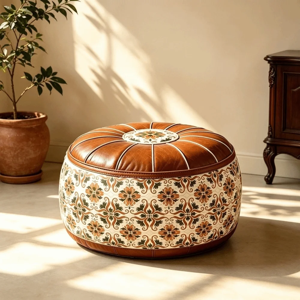PU Leather Boho Style Seat Cushion Cover Fillable Design Large Capacity Round Footstool Cover Waterproof Unstuffed