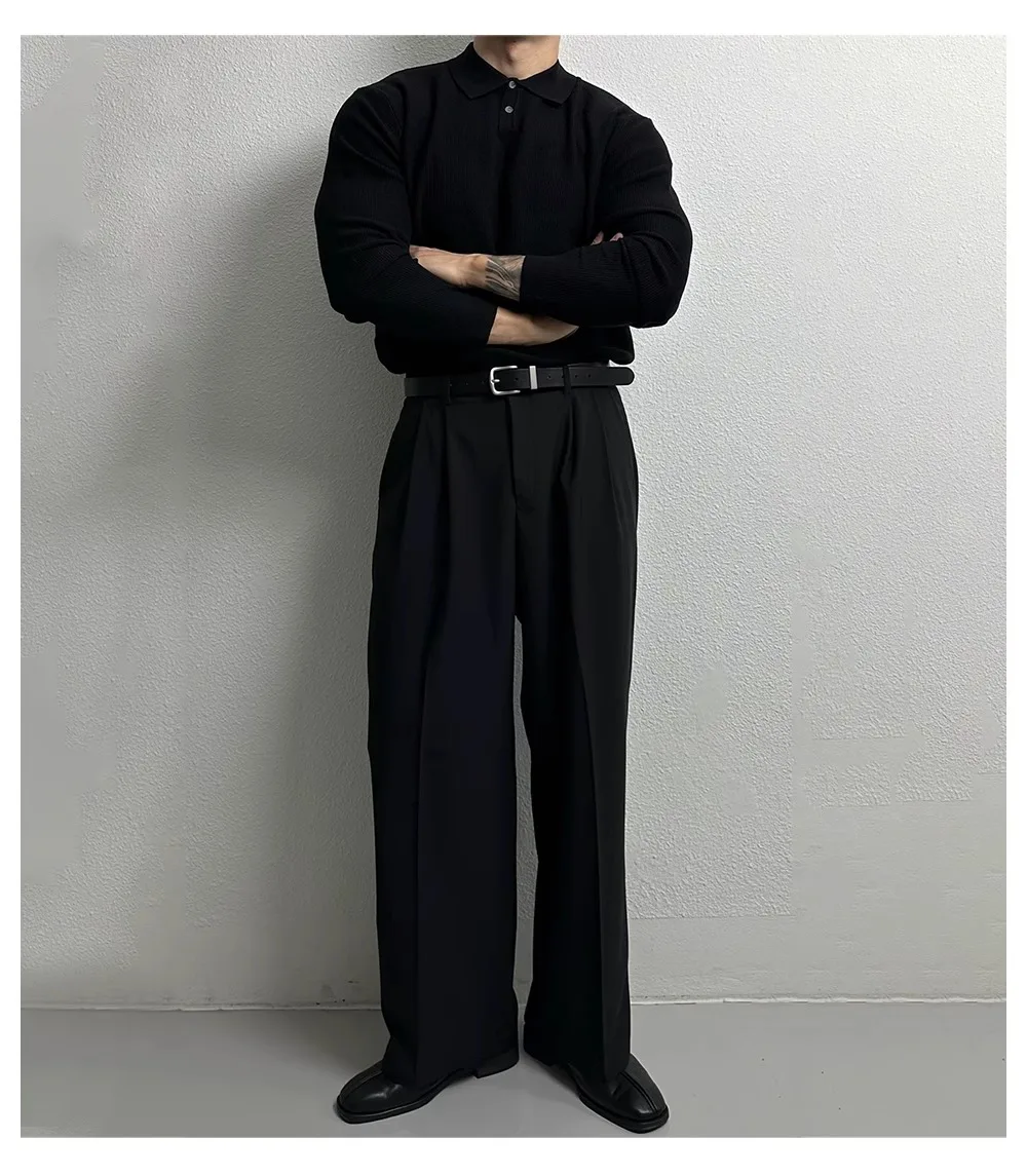 Retro Polo Neck Knit Vertical Woven Polo Shirt Lazy Pullover Sweater Men's Autumn and Winter Lapel Soft Warm