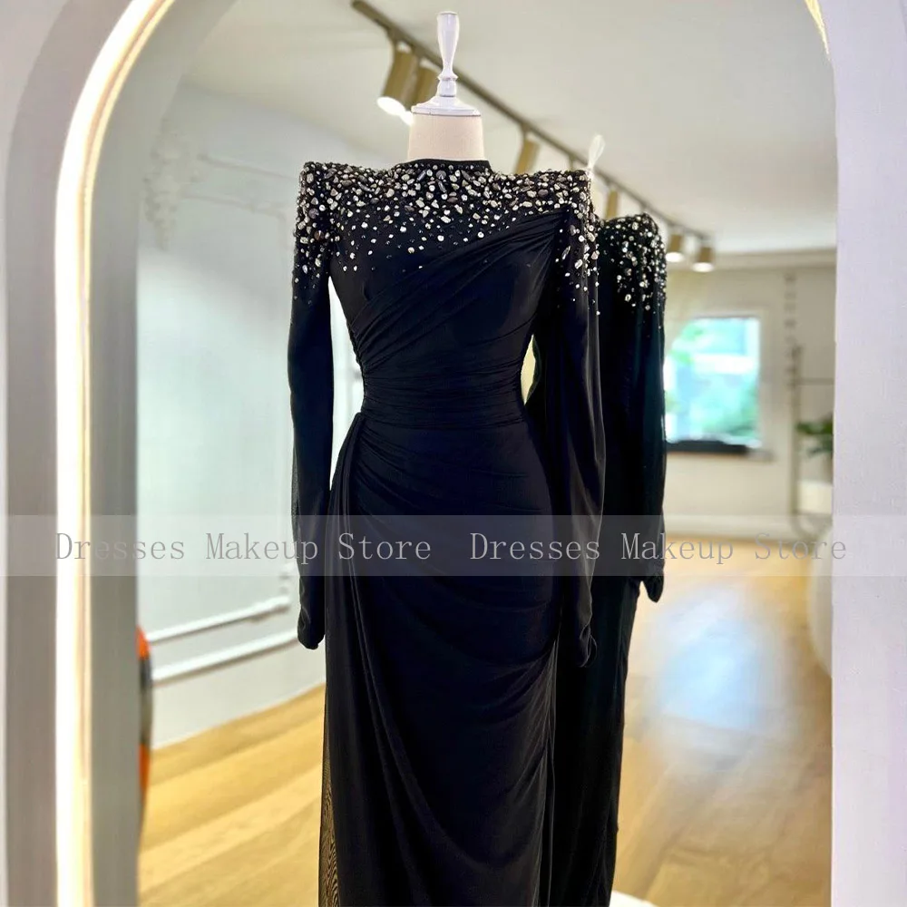 Black Evening Dress Luxury Crystal Long Sleeves Mermaid  Gowns for Women 2023 Trumpet Modest Formal Party Dresses