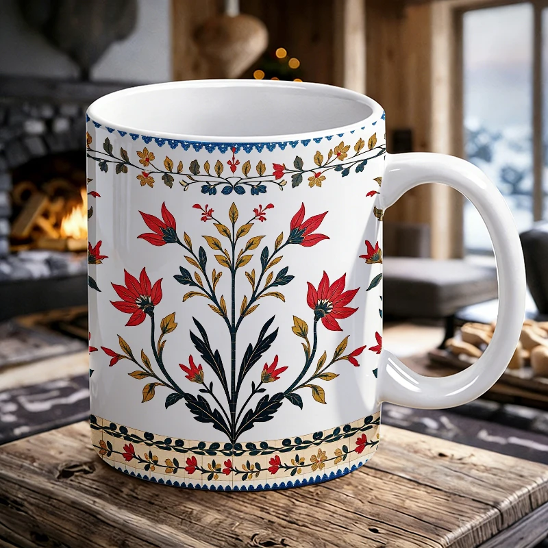 

Boho Red Symmetric Floral Mug, Ethnic Vintage Border Ceramic Cup, Coffee Cup, Milk Cup, Office Tea Cup, Gift for Friends