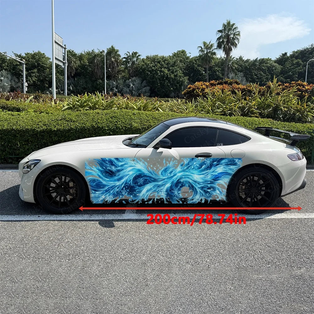 2Pcs Dynamic Blue Wave Abstract Car Body Side Stickers, Automotive Door Side Graphics for Cars, Car Decoration Accessory