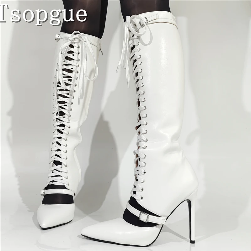 

Pointed Toe Cross Strap White Leather Long Boots Women New Fashion Hollow Side Zipper High Heel Boot Spring Fashion Runway Shoes