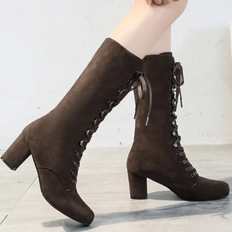 2024 New Autumn/Winter Women's Mid Length Fashion Thick Knee Cross Lacing Round Suede Large Heel Boots 35-43