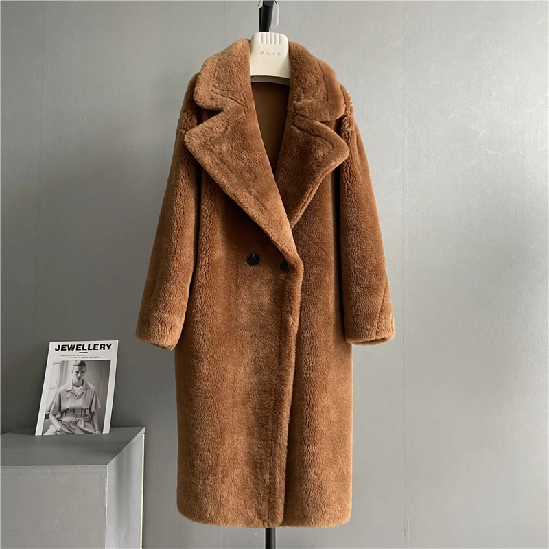 2022 Women Long Cashmere Coat Wool Woven Fabric Thick Warm Outerwear Oversize Fashion Streetwear Teddy Bear Winter Jacket