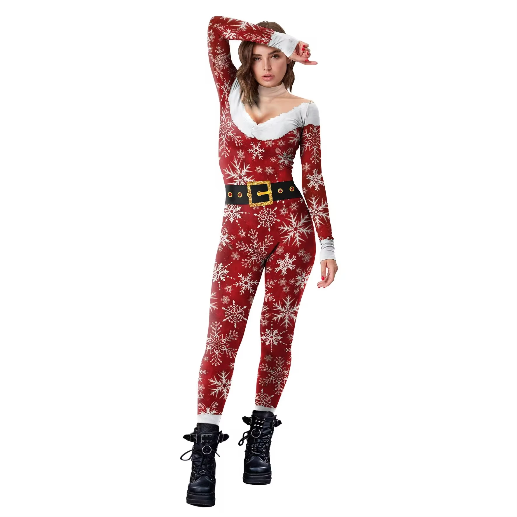 Christmas Women Men Santa Claus Red Printed Snowflake Bodysuit Jumpsuit Holiday Party Costume Santa Gift Costumes Outfits