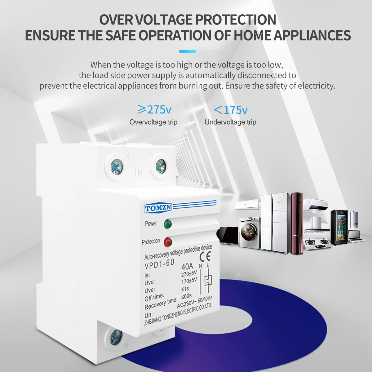 TOMZN 40A 230V Household Din rail automatic recovery reconnect over voltage and under voltage  protective device protector