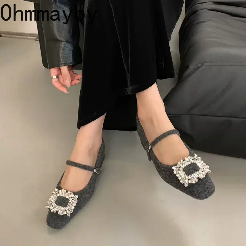 Design Crystal Women Mary Jane Shoes 2025 Spring Autumn Fashion Wedding Dancing Party Woolen Single Shoes