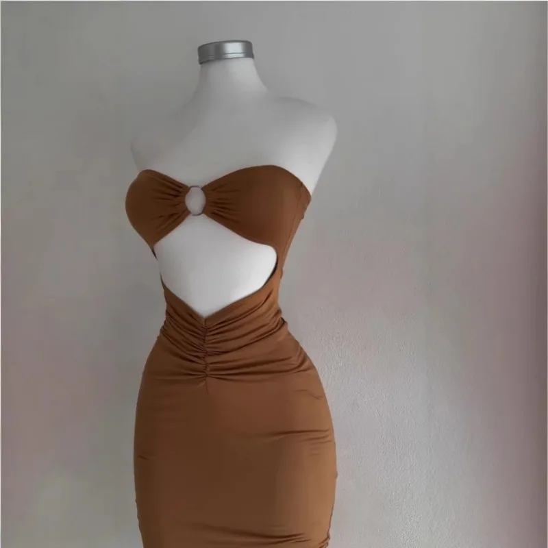 Mode femmes décontracté moulante élégant évider sans bretelles fête d'été sans manches Sexy robe de soirée plissée vêtements de rue