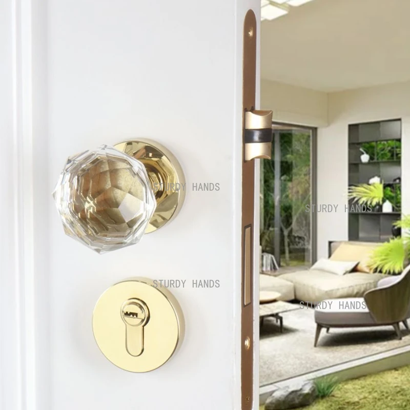 Zinc alloy Nordic cream wind crystal handle gold indoor silent lock bedroom door lock