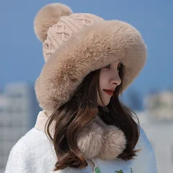 2024 new imitation rabbit fur warm winter hat for women cute thick white fluffy ball hat earmuffs slippers plush hat